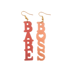 A pair of pink Boss Babe earrings—one reading “boss” and the other “babe”—styled in vibrant colors and playful design, ideal for confident women