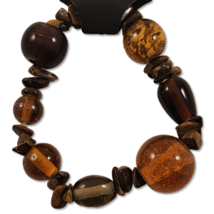 Handmade amber glass scavenger bracelet with mixed-size glass beads on stretch cord from Capstone Hemp