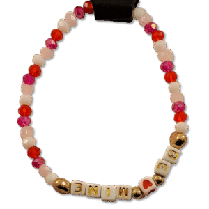 Be Mine Valentine’s Theme Bracelet with pink, red, and gold beads on stretch cord from Capstone Hemp