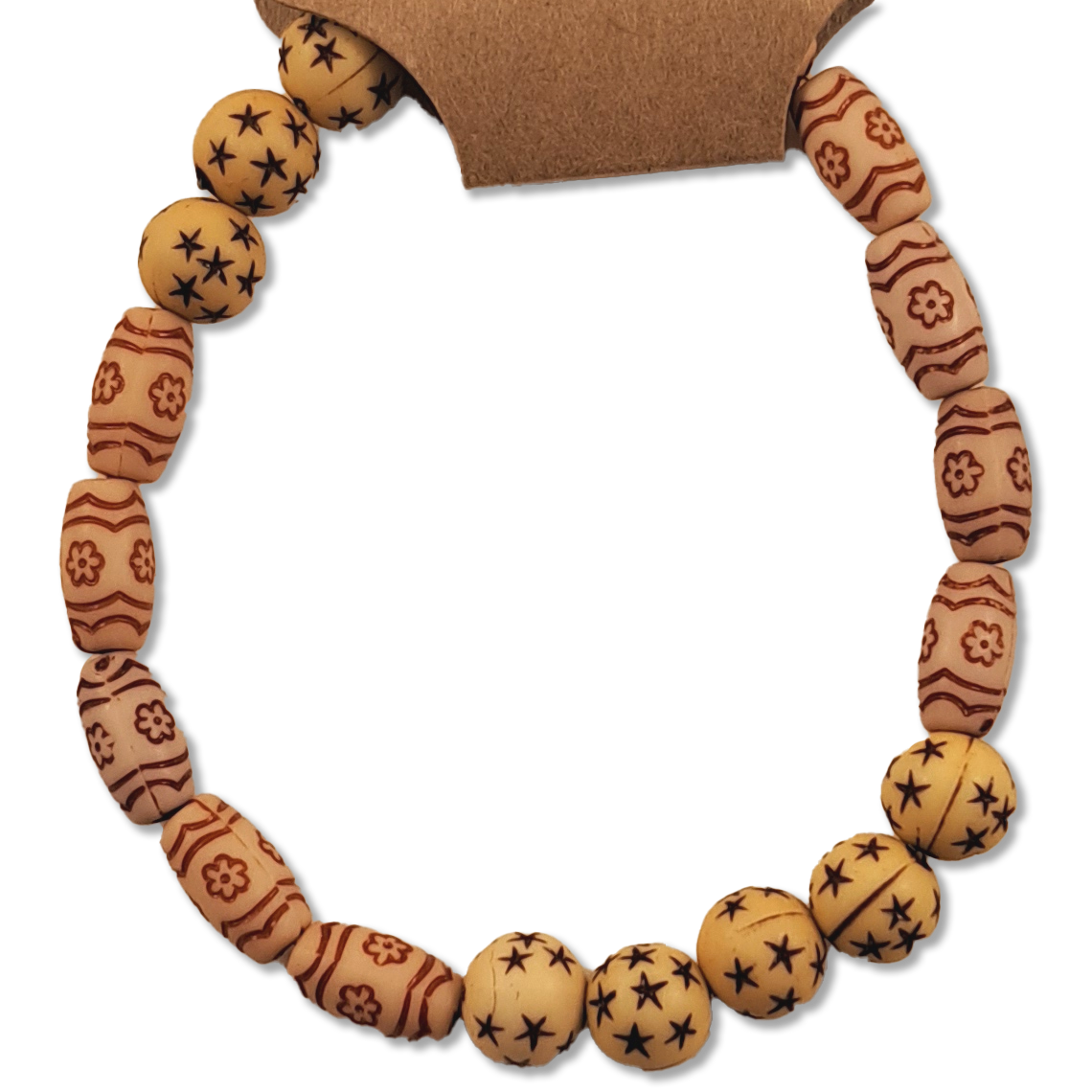 Earth Tone Star Bead Bracelet with floral and star pattern beads on stretch cord from Capstone Hemp