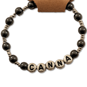 Silver and black beaded bracelet with Canna insignia on stretch cord – Capstone Hemp