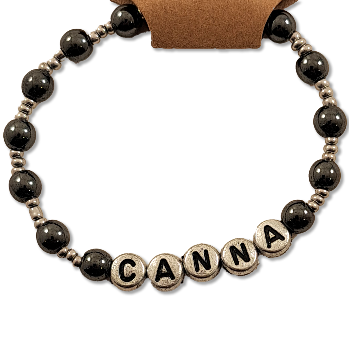 Silver and black beaded bracelet with Canna insignia on stretch cord – Capstone Hemp