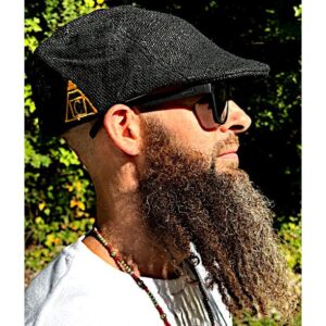 Classic scally cap made from textured black hemp fabric