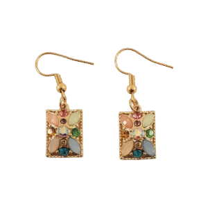 Gold rectangular earrings with multicolored jewels