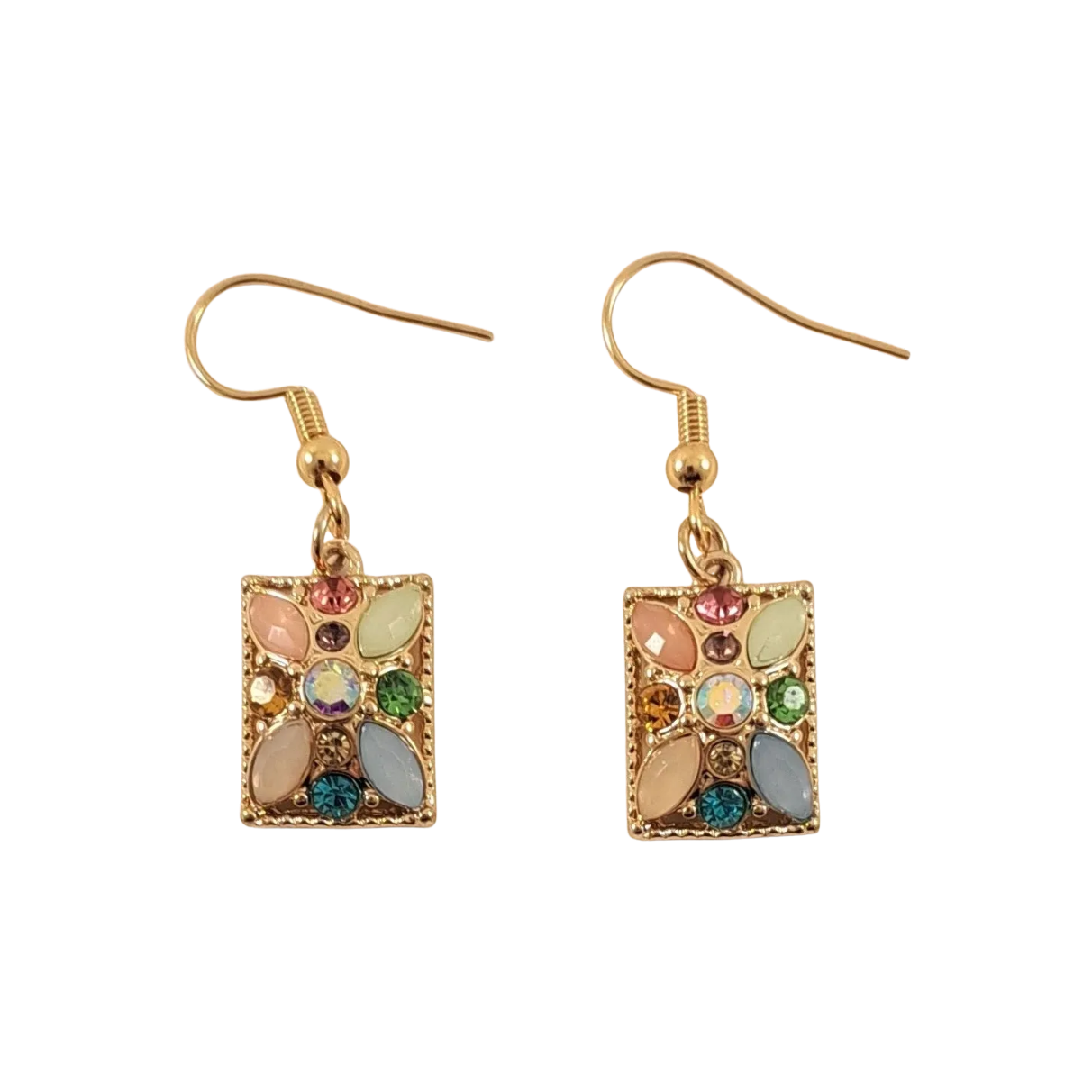 Gold rectangular earrings with multicolored jewels