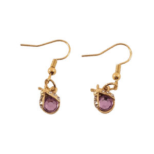 Pair of gold earrings with purple gemstones shaped like ladybugs