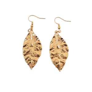 Golden leaf earrings with organic shape and curved texture