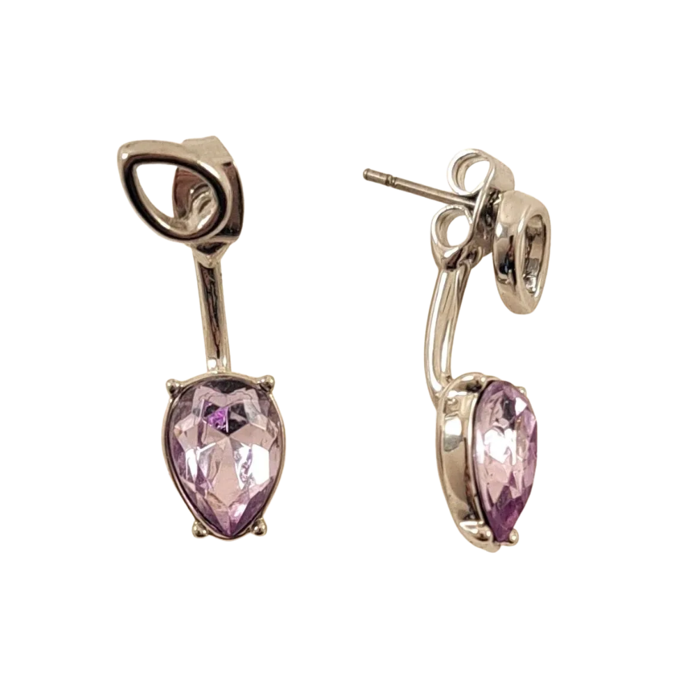 Teardrop-shaped purple jewel earrings with silver backing