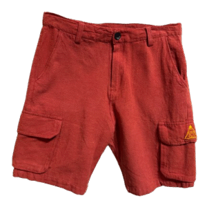 Red hemp cargo shorts with flap pockets and belt loops