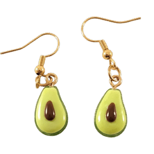 Handmade avocado earrings with green fruit slice design and gold hooks – fun and lightweight jewelry for women.