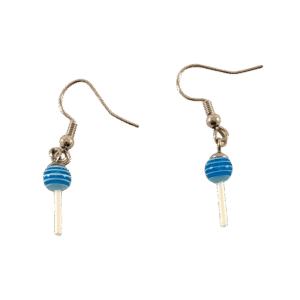 A pair of handmade Blue Sucker Earrings with swirl detail and stainless steel hooks