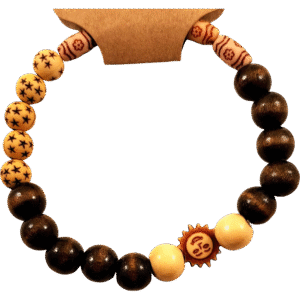 Smiling Sun Bracelet featuring wooden beads and a carved sun symbol on stretch cord
