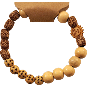 Smiling Sun, Stars, and Symbols Bracelet made of wooden and plastic beads with engraved stars and tribal sun design – Capstone Hemp