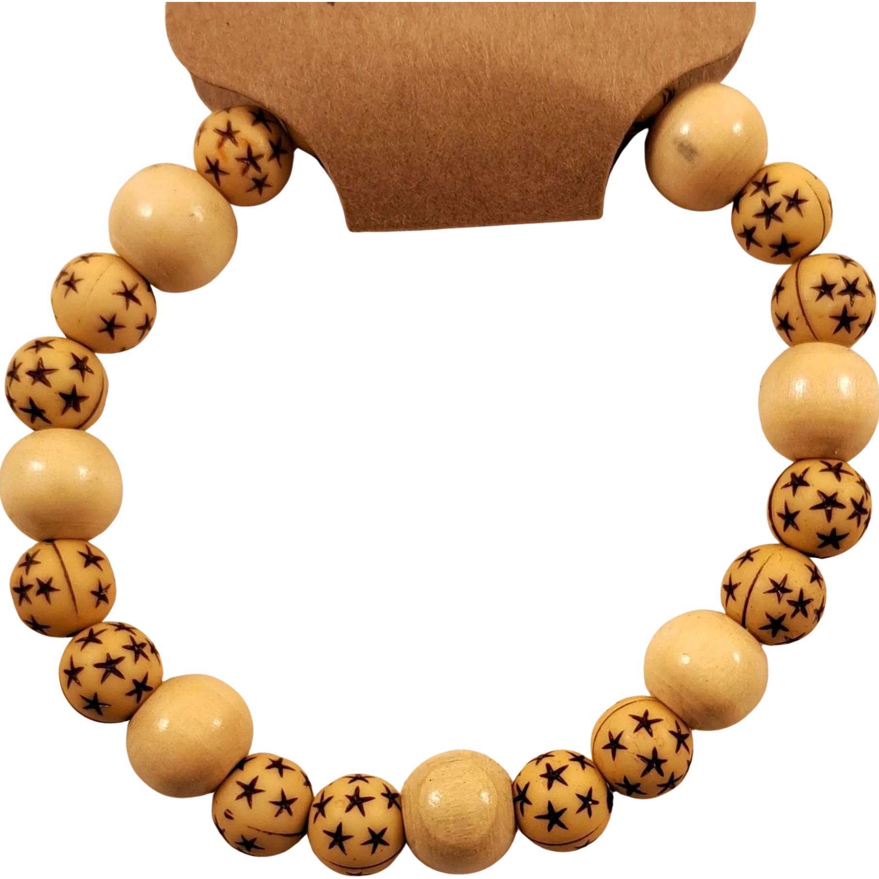Handmade stars bracelet with engraved wooden beads on stretch cord from Capstone Hemp