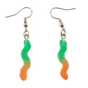 A pair of green and orange gummy worm earrings with stainless steel hooks