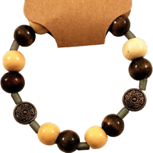 Handmade wooden and metal bracelet for men with natural wood beads and vintage metal accents