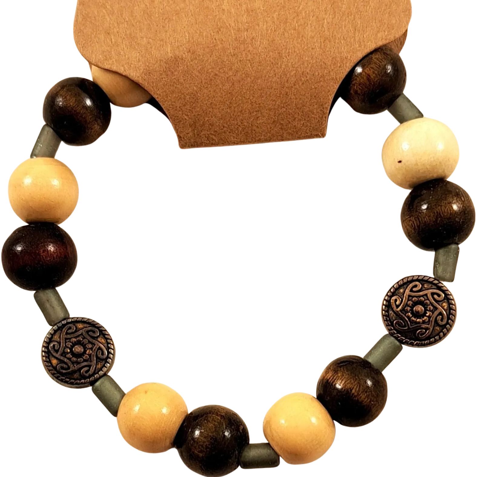 Handmade wooden and metal bracelet for men with natural wood beads and vintage metal accents