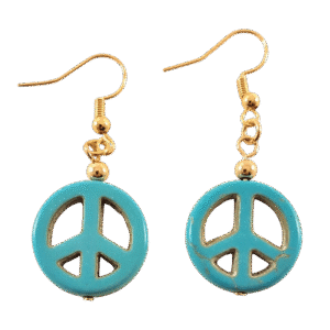 Pair of turquoise gold peace sign earrings with circular boho charm