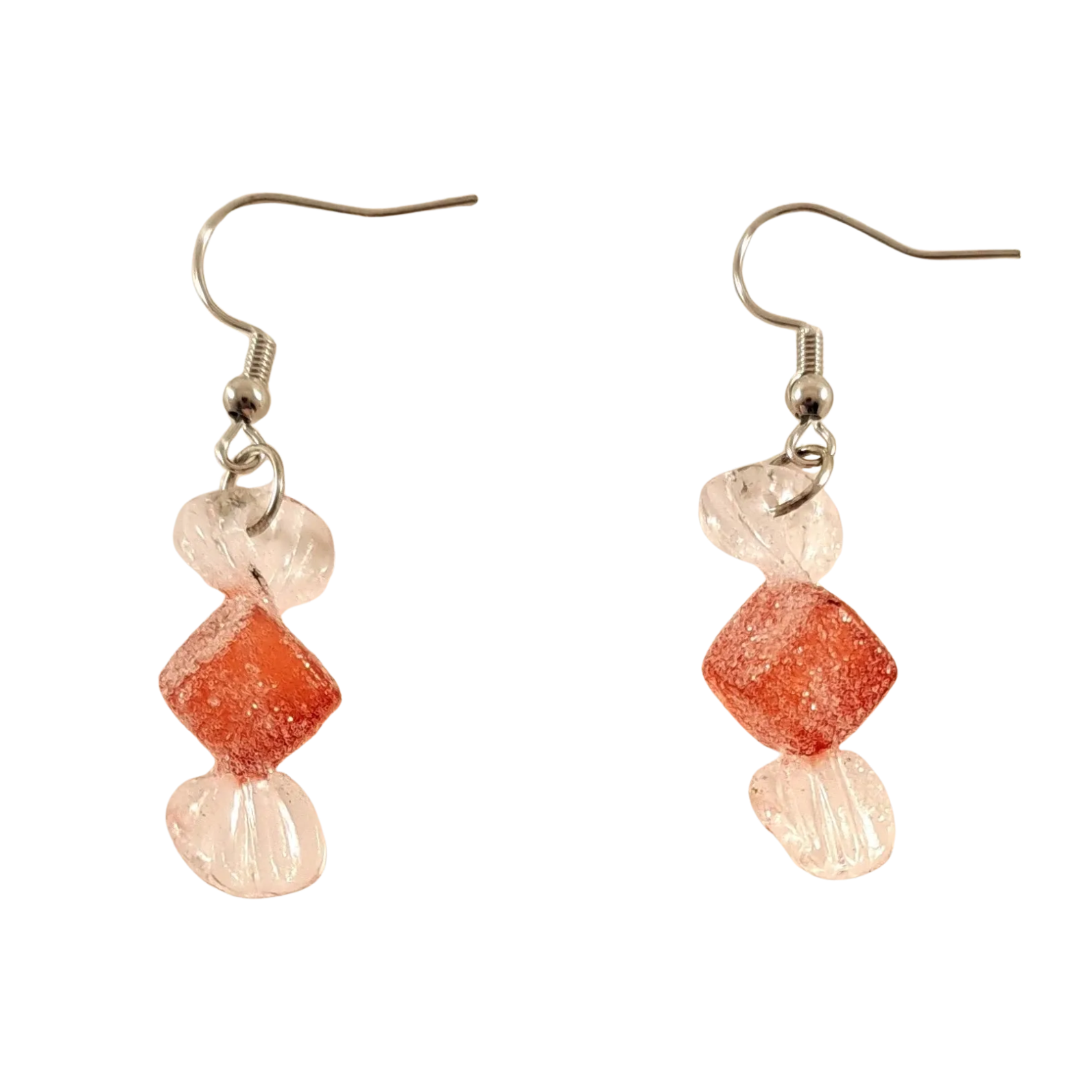 Red hard candy earrings shaped like wrapped candy