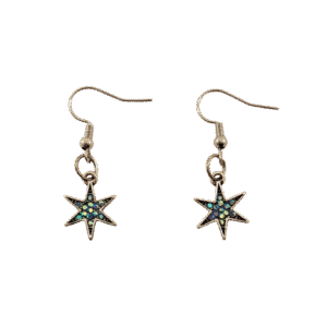 Sparkly star earrings featuring multicolored crystals and metal hooks
