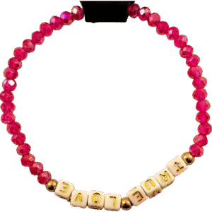 True Love Bracelet made with pink crystal beads and white letter cubes on stretch cord by Capstone Hemp