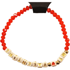 My Valentine Bracelet with red beads and "My Valentine" white letter cubes on stretch cord by Capstone Hemp