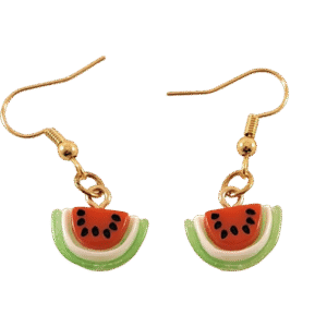 Handcrafted watermelon slice earrings with green, white, and red enamel on gold-tone hooks – fun fruit-themed jewelry from Capstone Hemp