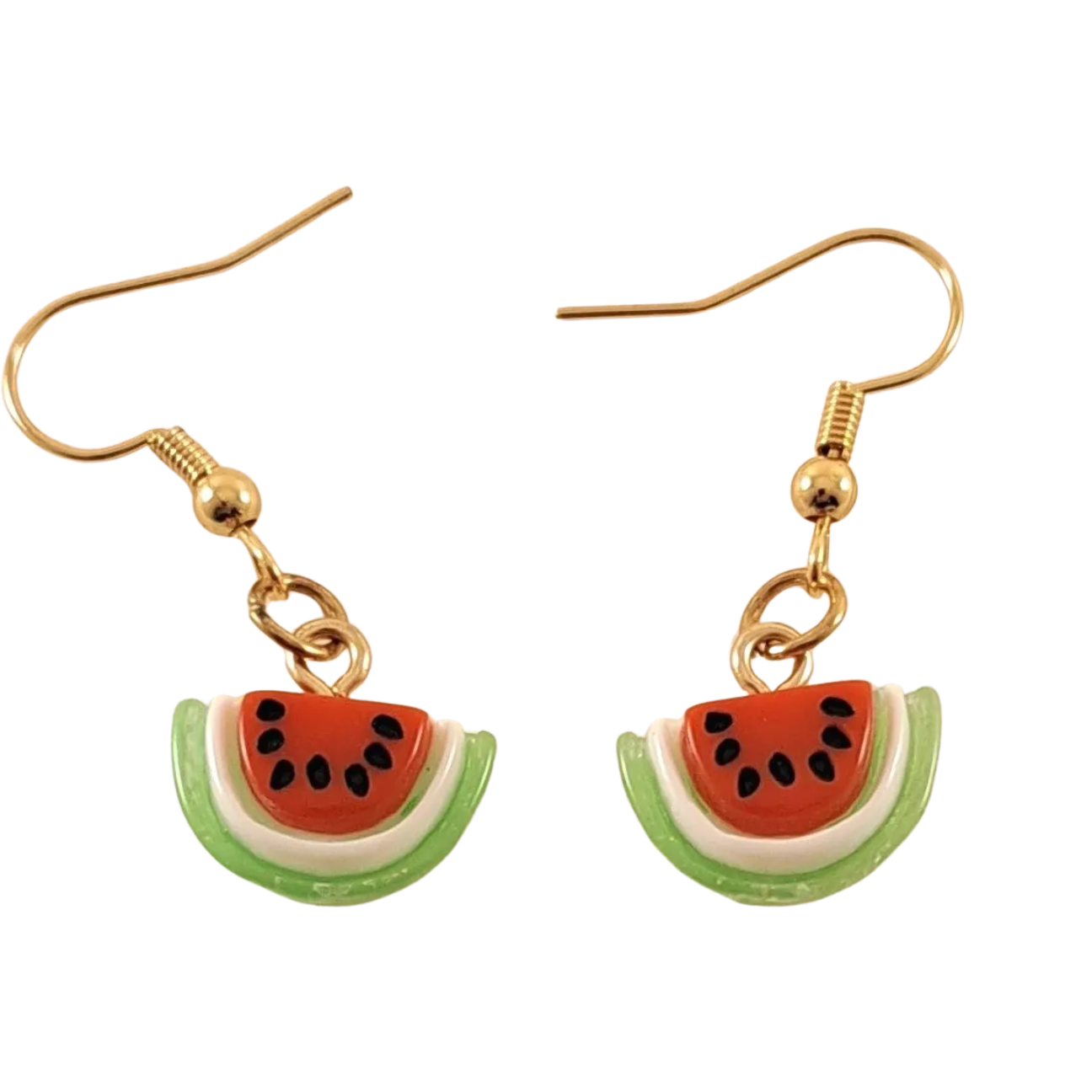 Handcrafted watermelon slice earrings with green, white, and red enamel on gold-tone hooks – fun fruit-themed jewelry from Capstone Hemp