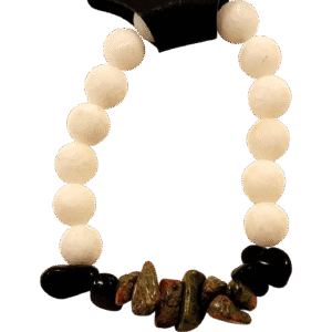 Stones and Beads Bracelet featuring natural polished stones and smooth white round beads on stretch cord by Capstone Hemp