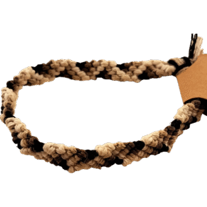 Handwoven black, white, and brown hemp bracelet in square knot macramé design by Capstone Hemp