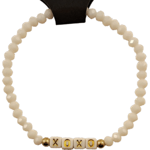 Handmade white crystal XOXO Bracelet with gold accent beads on stretch cord from Capstone Hemp